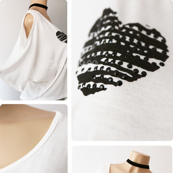 White Graphic Cutout Cold Shoulder Cute Crop Top - Picture 6 of 8